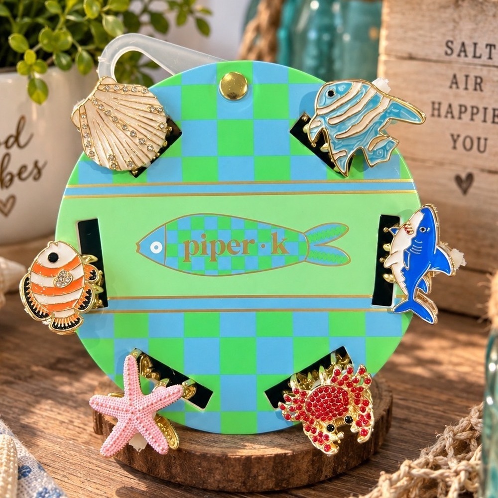 Piper 6 pack K Beachy Metal Mini Hair Clips Set Ocean Fish Shark